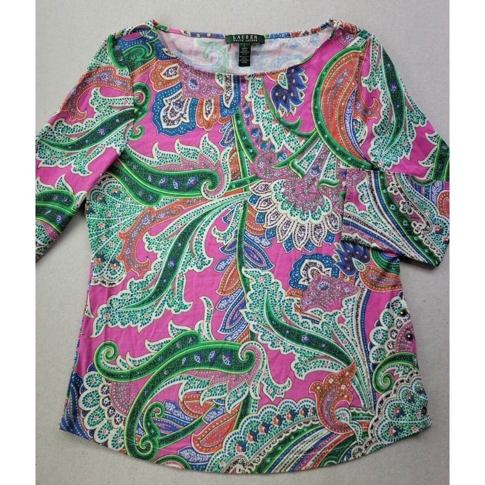Lauren Ralph Lauren Women's L Pink Paisley T Shirt Round Neck Tee 3/4 Sleeve